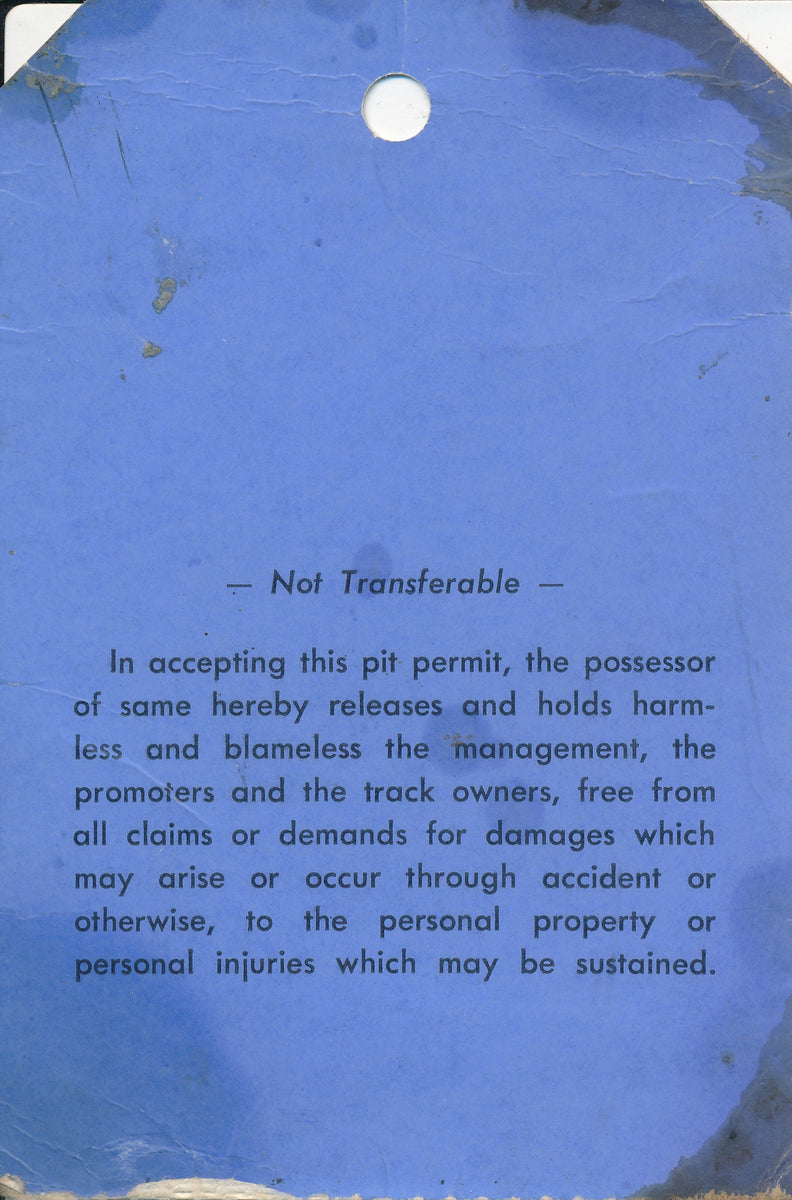 1965 100 Mile Big Car Wisconsin Auto Racing Inc Practice Only Pit Pass