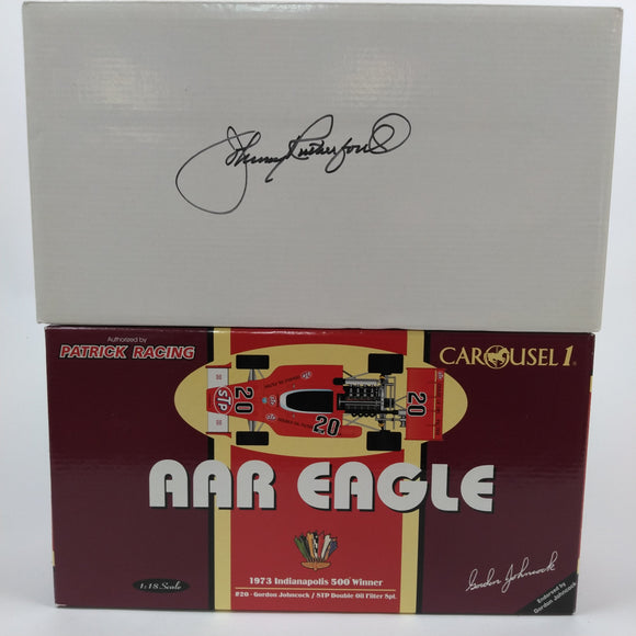 1973 Johncock Eagle Carousel 1 Diecast. Box autographed by Johnny Rutherford. From the Private Collection of Johnny Rutherford.