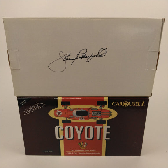 1967 Foyt Coyote Carousel 1 Diecast. Box autographed by Johnny Rutherford. From the Private Collection of Johnny Rutherford.