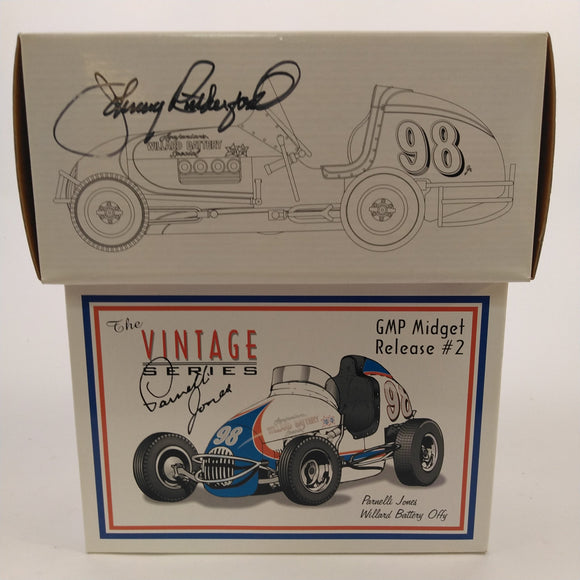 Parnelli Jones Midget GMP Diecast. Box autographed by Johnny Rutherford. From the Private Collection of Johnny Rutherford.