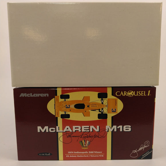 1974 Rutherford McLaren M16 Carousel 1 Diecast BOX ONLY. Box autographed by Johnny Rutherford. From the Private Collection of Johnny Rutherford.