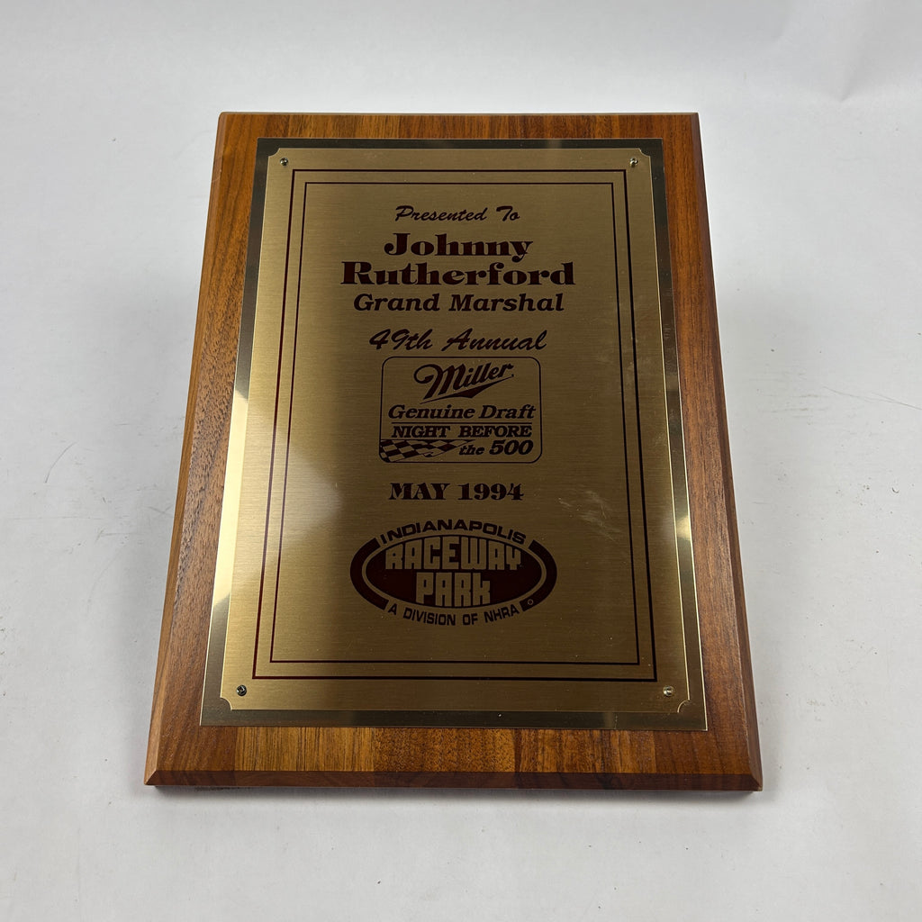 Johnny Rutherford's 1994 USAC National Midgets Night Before the 500 Grand Marshal Award Plaque. Presented by Indianapolis Raceway Park.