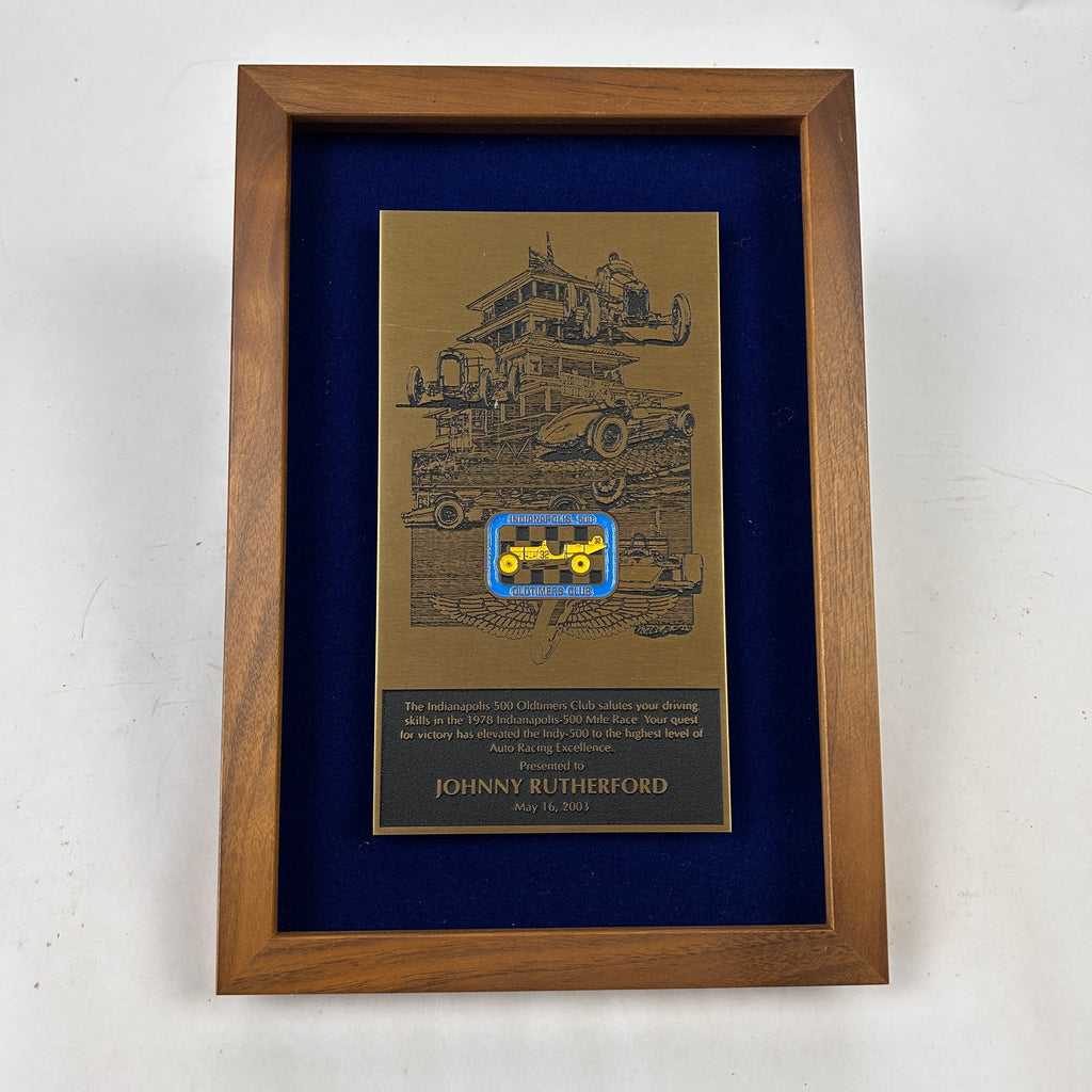Johnny Rutherford's 1978 Indianapolis 500 Award Plaque. Presented by the Indianapolis 500 Oldtimers Club in 2003.