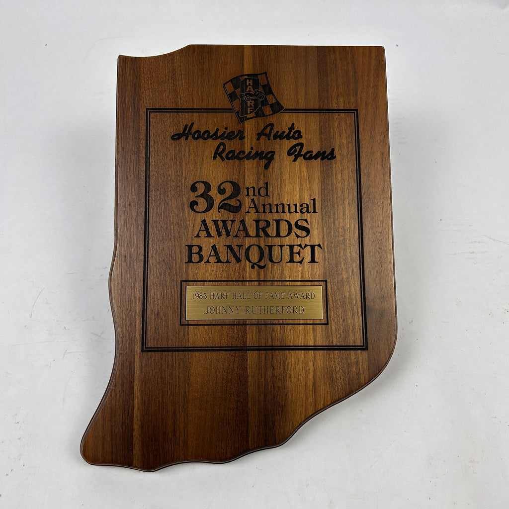 Johnny Rutherford's 1983 Hoosier Auto Racing Fans Award Plaque. 32nd HARF Awards Banquet.