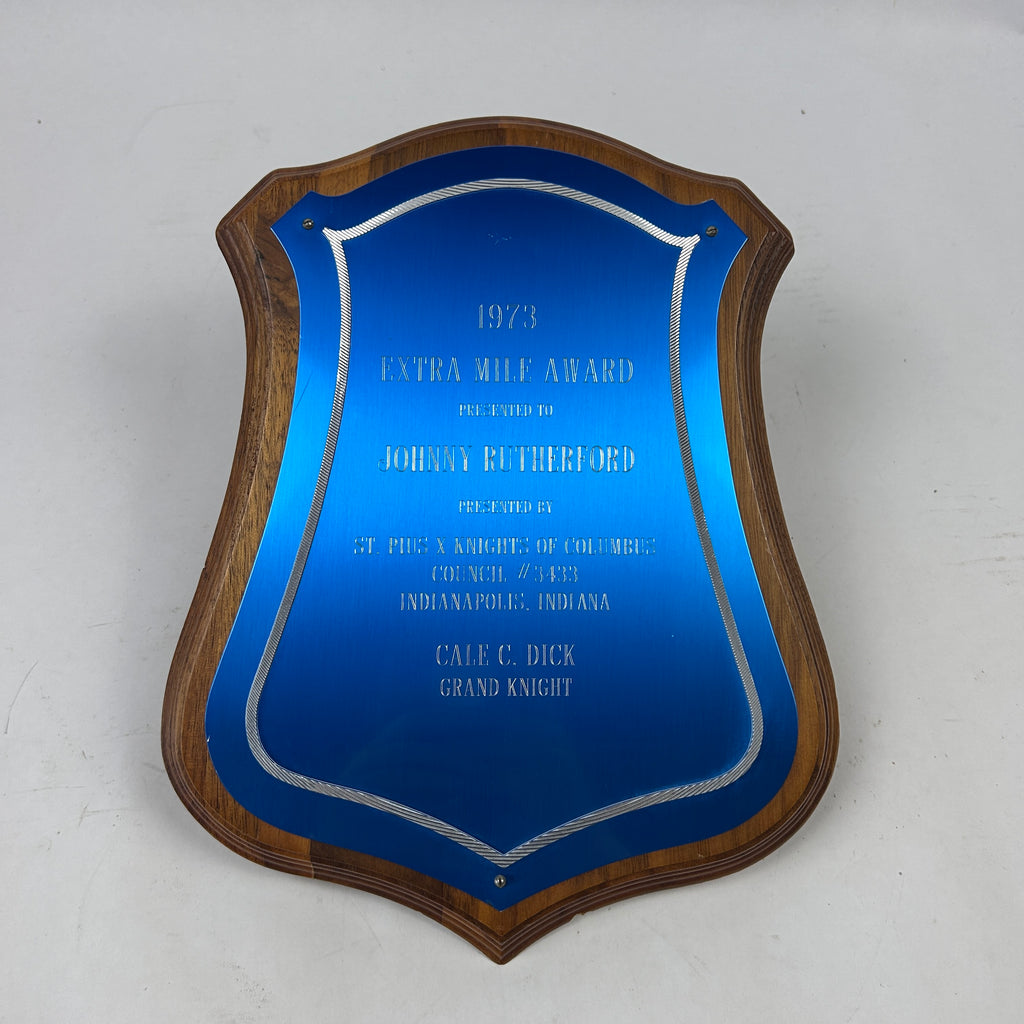 Johnny Rutherford's 1973 Extra Mile Award Plaque. Presented by the St. Pius X Knights of Columbus of Indianapolis.