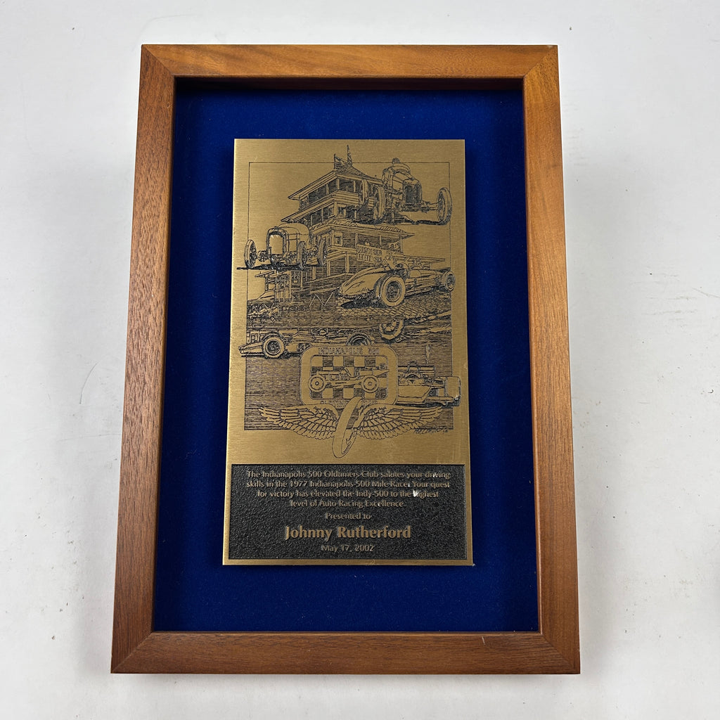 Johnny Rutherford's 25th Anniversary Award Plaque Celebrating the 1977 Indianapolis 500. Presented by the Indianapolis 500 Oldtimers Club in 2002.