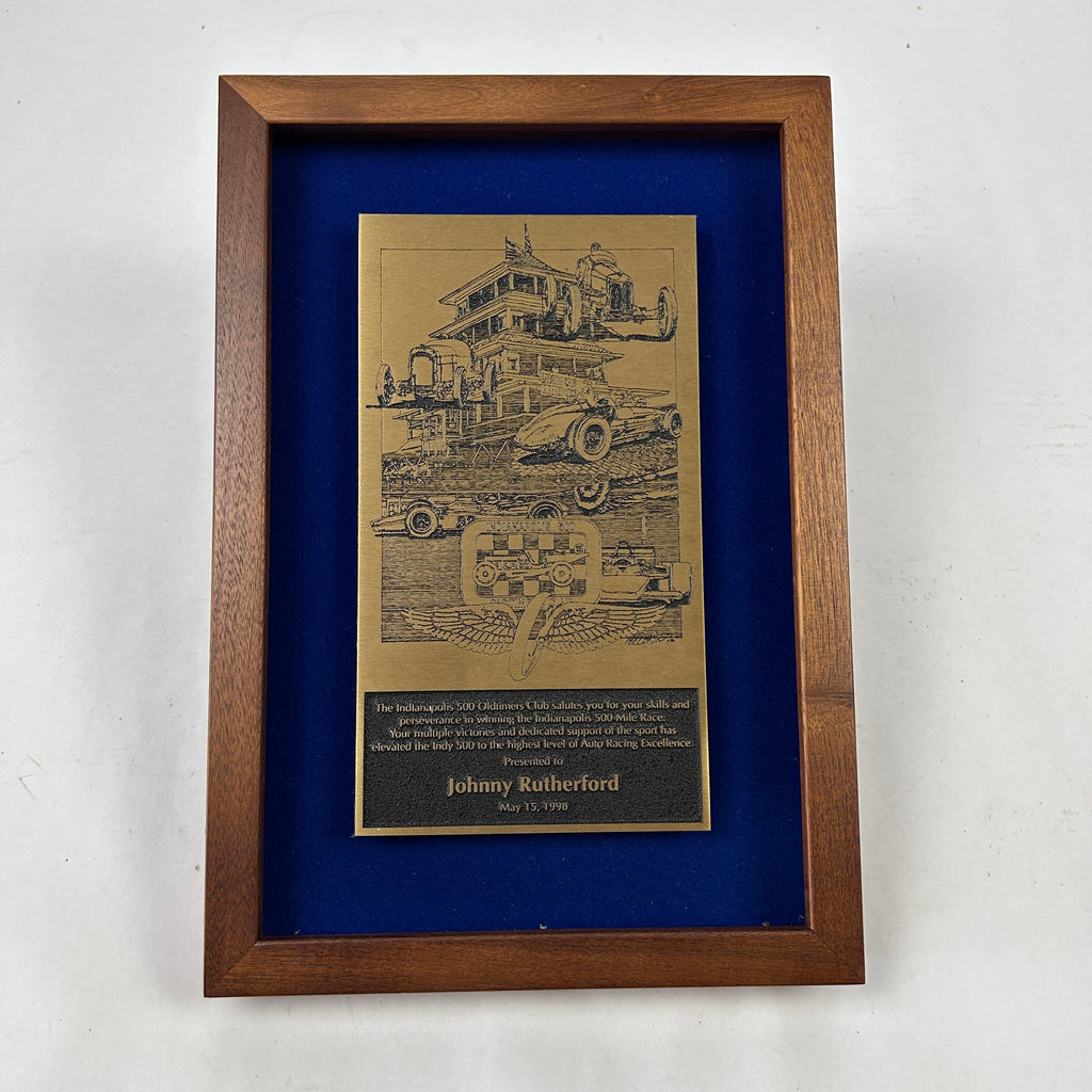 Johnny Rutherford's Winners Award Plaque Celebrating the three Indianapolis 500 victories. Presented by the Indianapolis 500 Oldtimers Club in 1998.