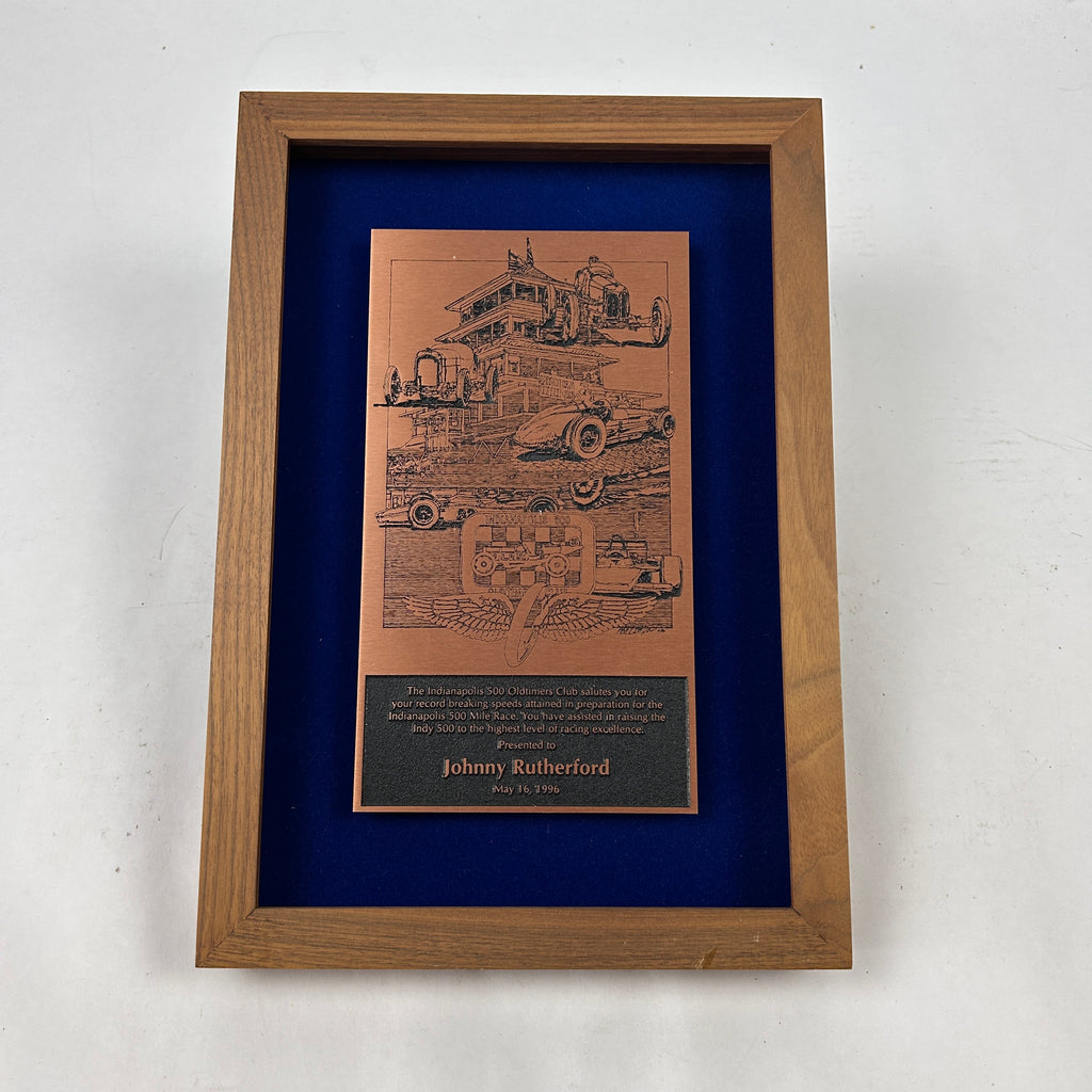 Johnny Rutherford's Indianapolis 500 Record Speeds Award Plaque. Presented by the Indianapolis 500 Oldtimers Club in 1996.