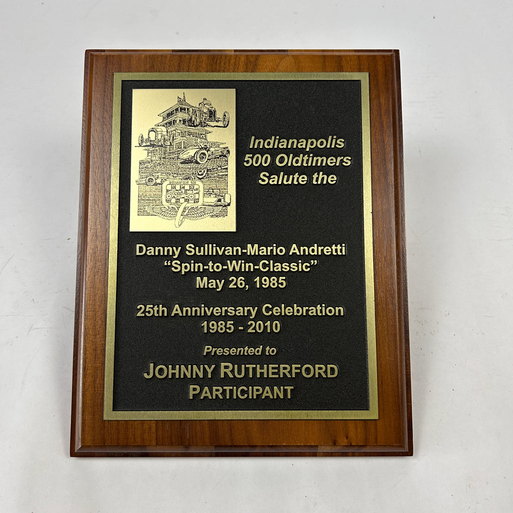 Johnny Rutherford's 25th Anniversary of the 1985 Sullivan "Spin to Win" Participant Award Plaque. Presented by the Indianapolis 500 Oldtimers Club in 2010.