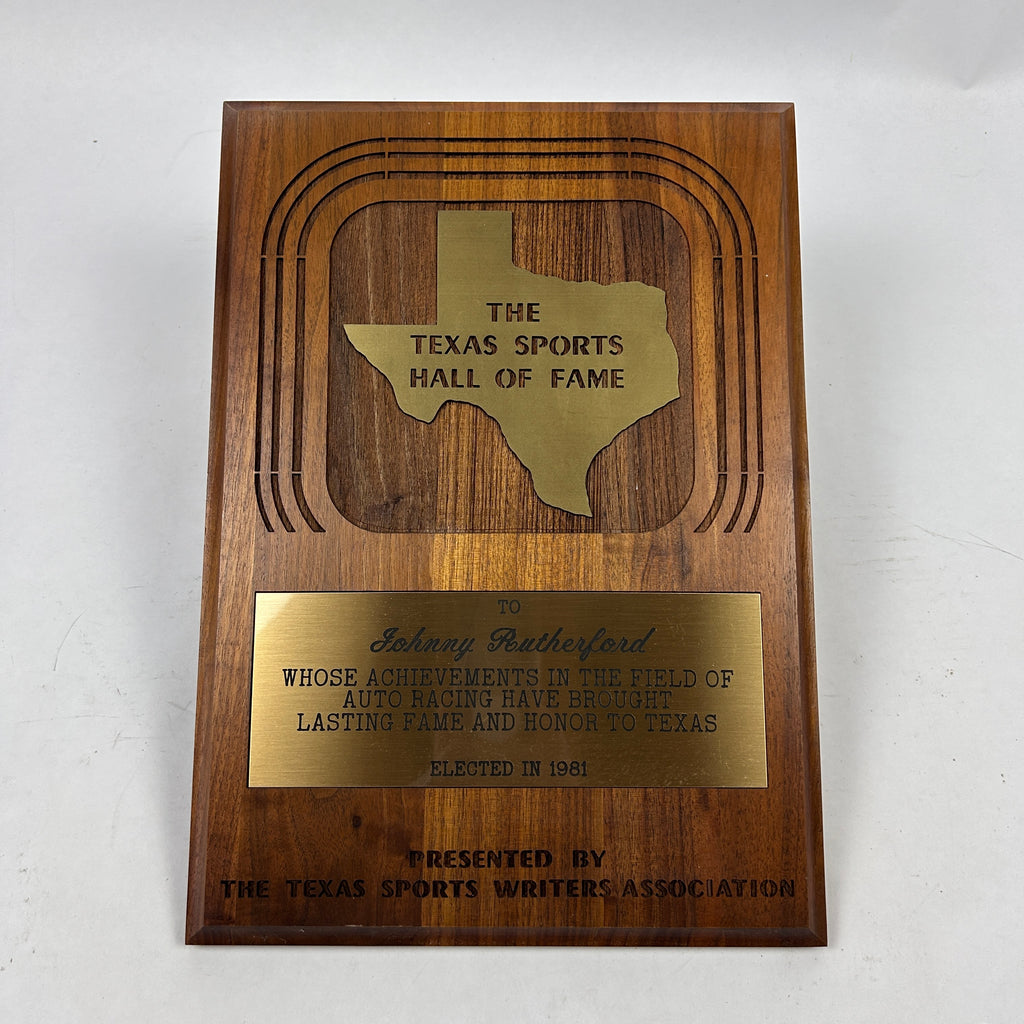 Johnny Rutherford's Texas Sports Hall of Fame Induction Award Plaque. Presented by the Texas Sports Writers Association in 1981.