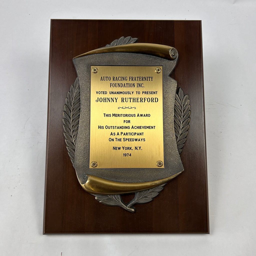 Johnny Rutherford's Meritous Award Plaque. Presented by the Auto Racing Fraternity Foundation in 1974.