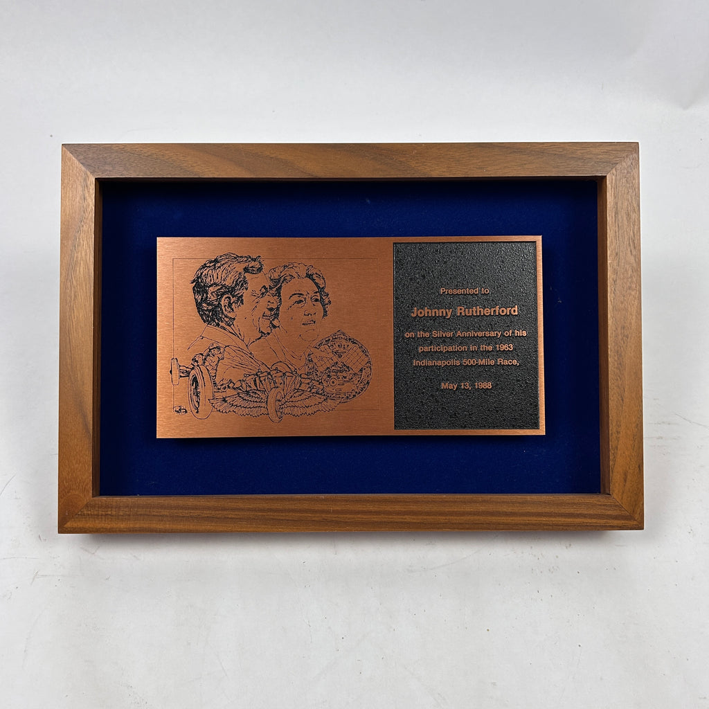 Johnny Rutherford's Indianapolis 500 Silver Anniversary Participation Plaque 1963-1988. Presented by the Indianapolis 500 Oldtimers Club in 1988.