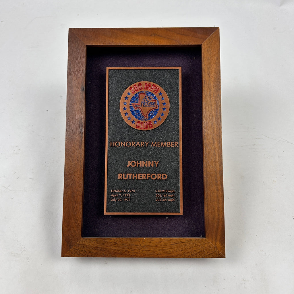 Johnny Rutherford's Texas World Speedway 200 MPH Club Honorary Member Plaque.
