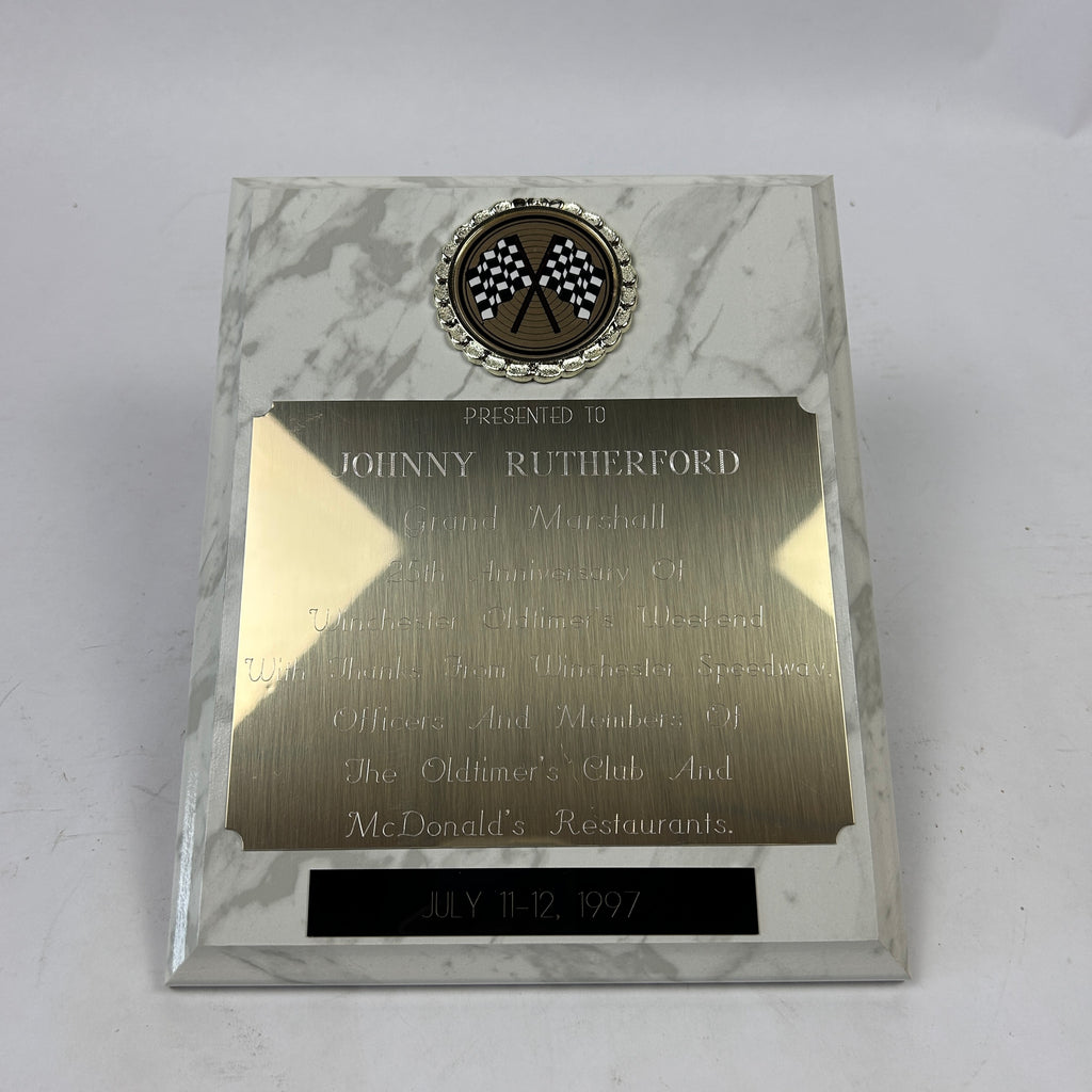 Johnny Rutherford's 25th Winchester Oldtimer's Weekend Grand Marshal Award. Presented by the Winchester Speedway Oldtimer's Club Officers and Members in 1997.