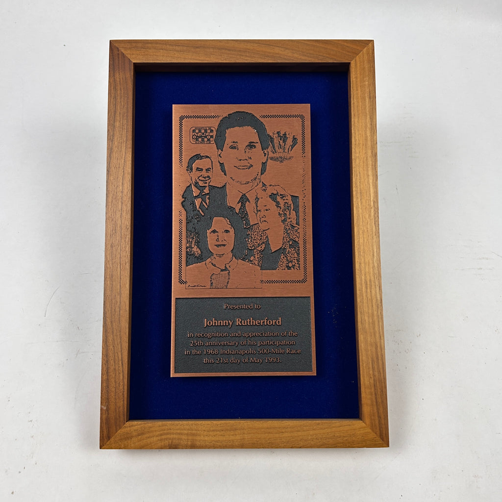 Johnny Rutherford's Indianapolis 500 Silver Anniversary Participation Plaque 1969-1993. Presented by the Indianapolis 500 Oldtimers Club in 1993.