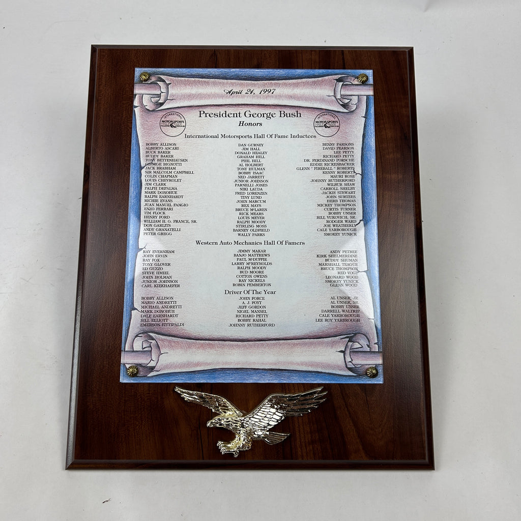 Johnny Rutherford's International Motorsports Hall of Fame Inductees Award. Presented by George Bush in 1997.