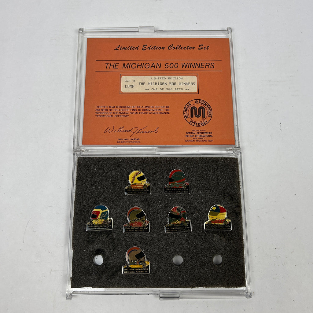 Johnny Rutherford's Michigan Winner Lapel Pin Set 1/300.1981 Pancho Carter1982 Gordon Johncock1983 John Paul Jr.1984 Mario Andretti1985 Emerson Fittipaldi1986 Johnny Rutherford1987 Michael Andretti