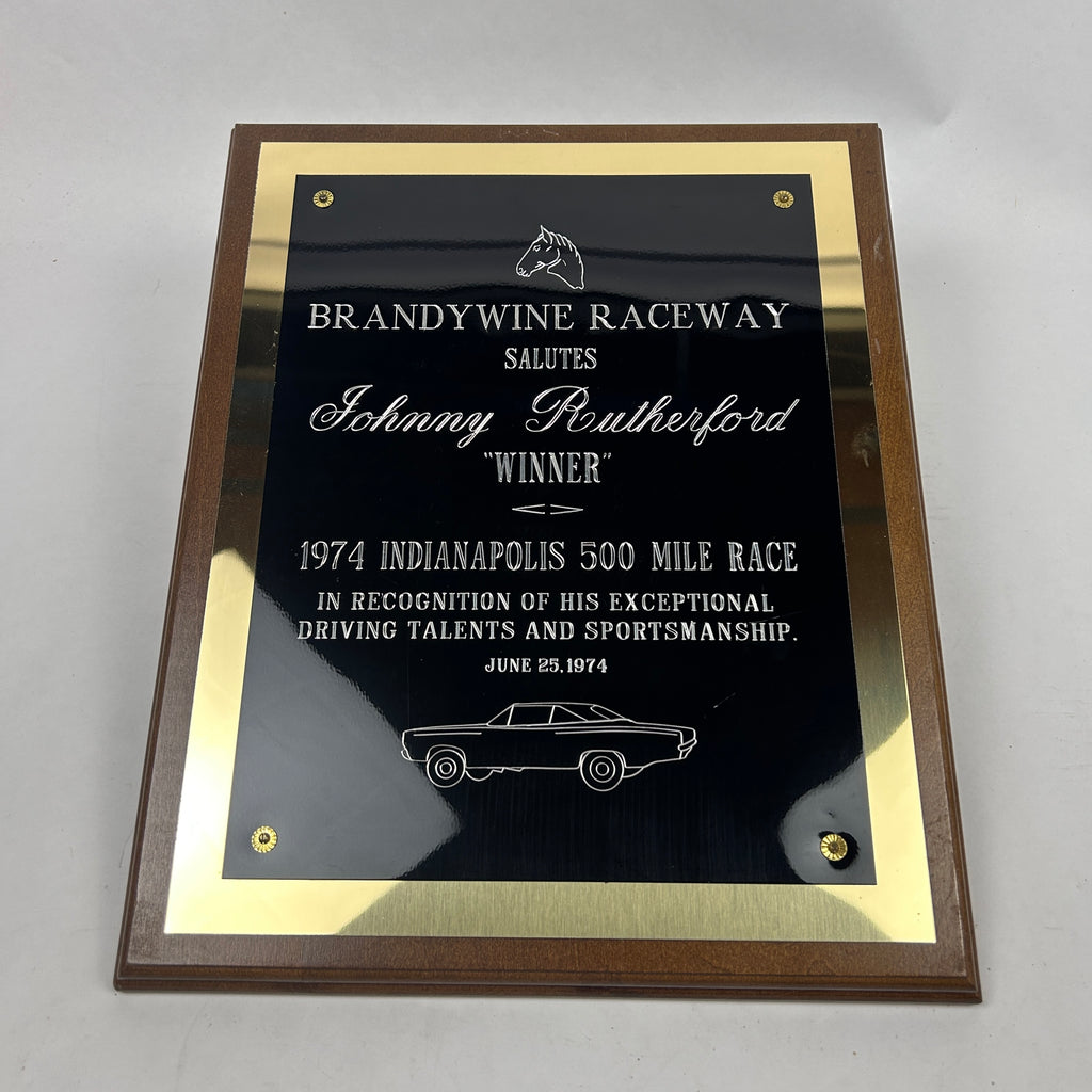 Johnny Rutherford's 1974 Indianapolis 500 Salute Plaque. Presented by  Brandywine Raceway.