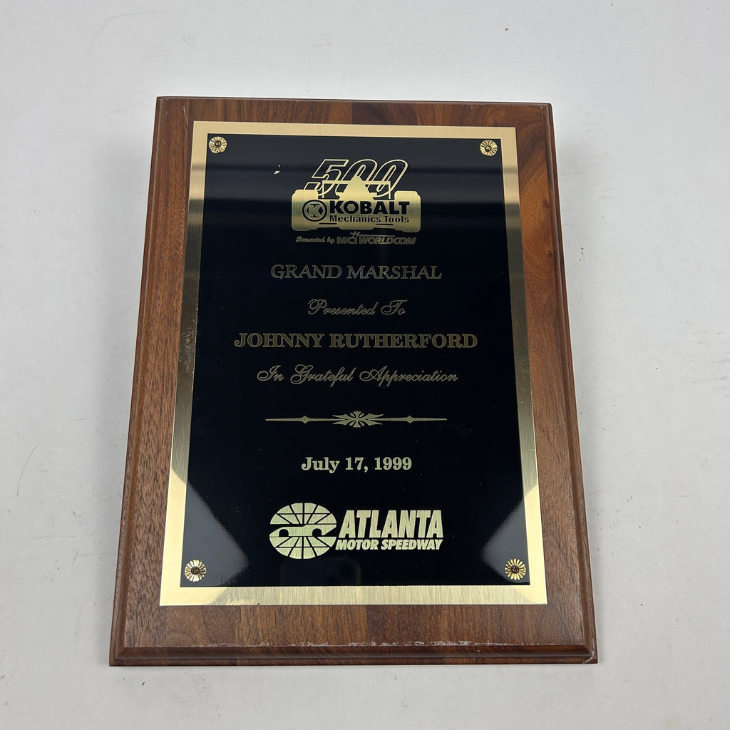 Johnny Rutherford's 1999 Kobalt 500 Grand Marshal Plaque. Presented by the Atlanta Motor Speedway.