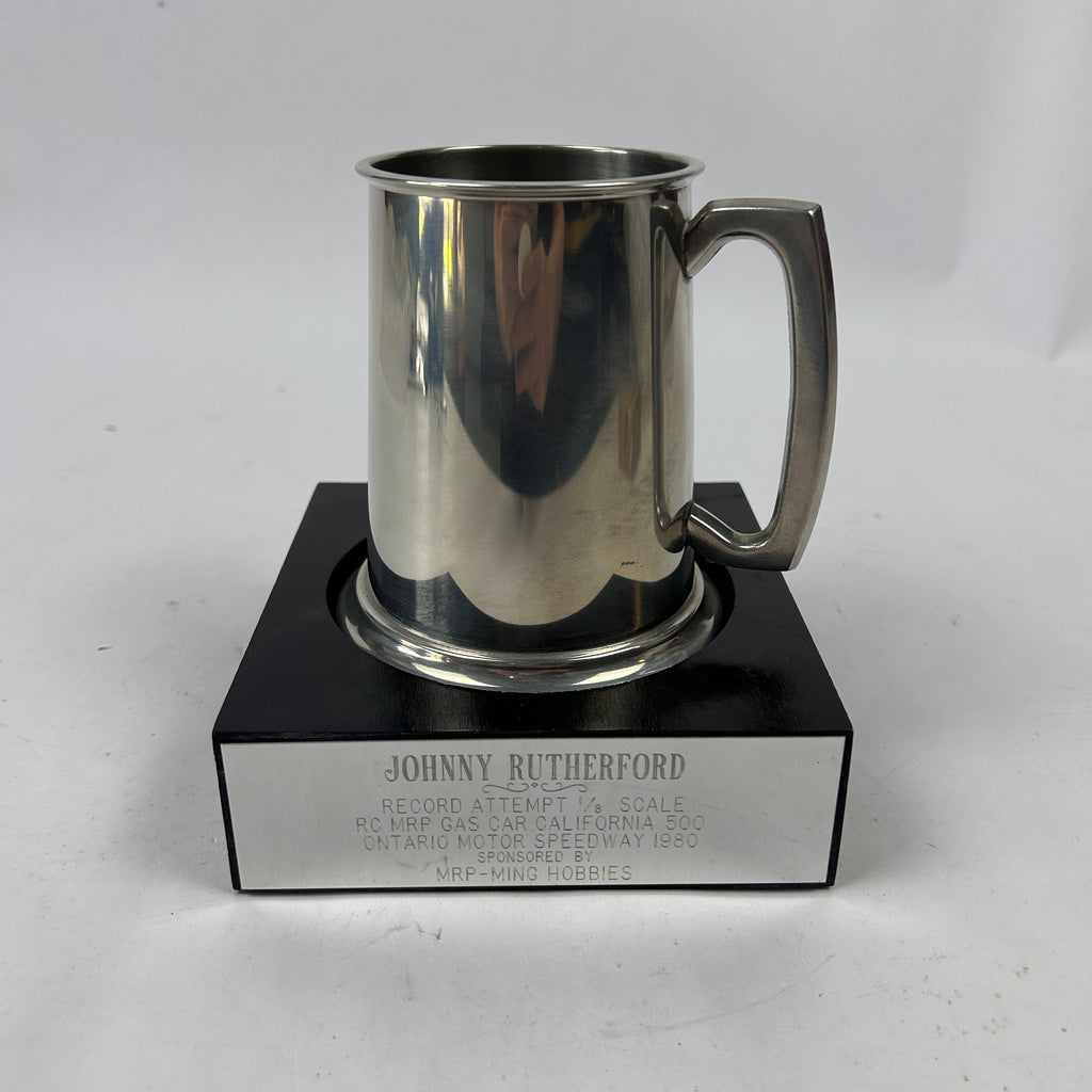 Johnny Rutherford's 1980 Ontario Motor Speedway RC MRP 1/8 scale Gas Car California 500 Cup Award. Presented by MRP-Ming Hobbies.