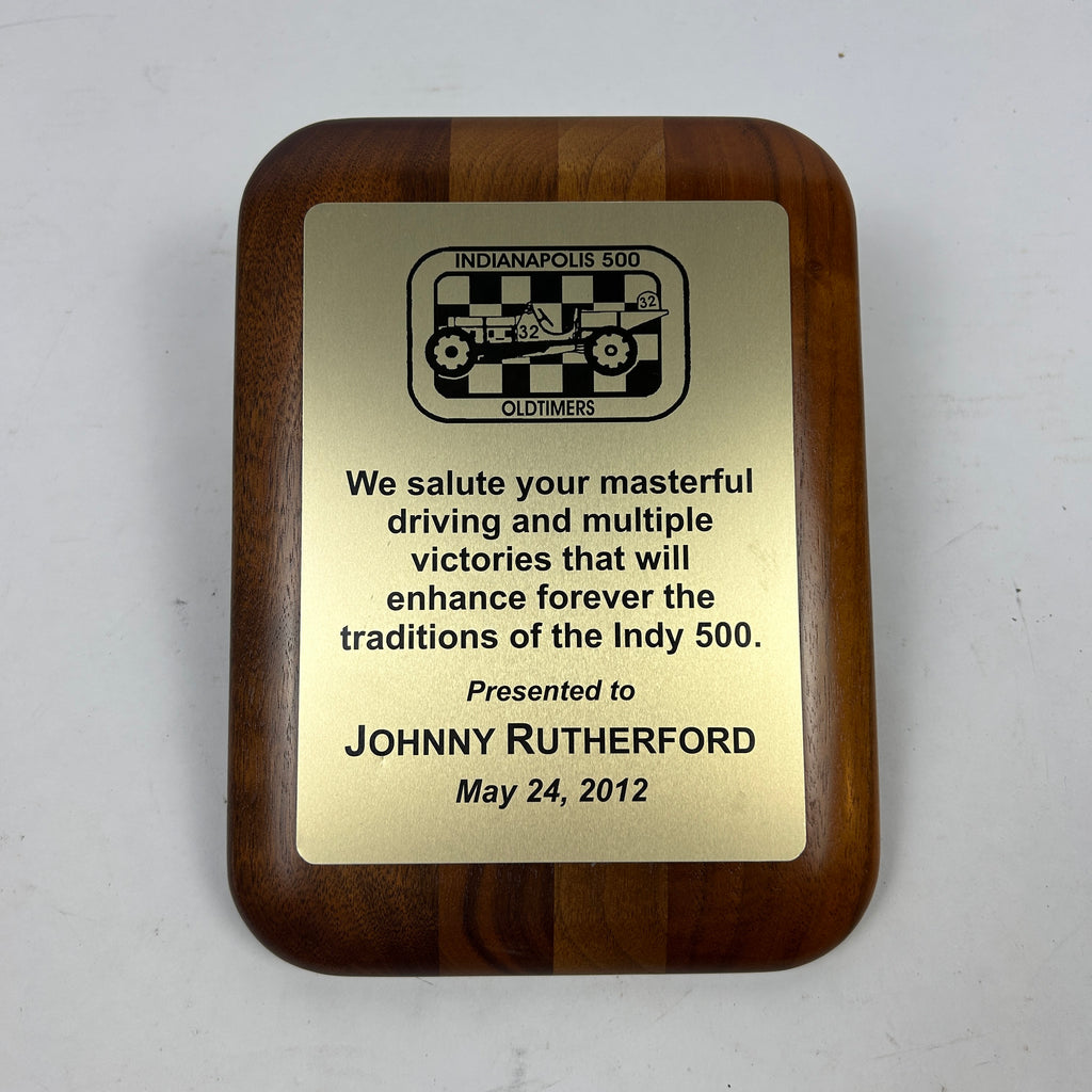Johnny Rutherford's 2012 IMS Oldtimers Award Plaque. Presented by the Indianapolis 500 Oldtimers Club in 2012.