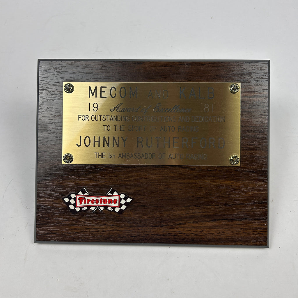 Johnny Rutherford's Award of Excellence Plaque. Presented by Mecom and Kalb in 1981.