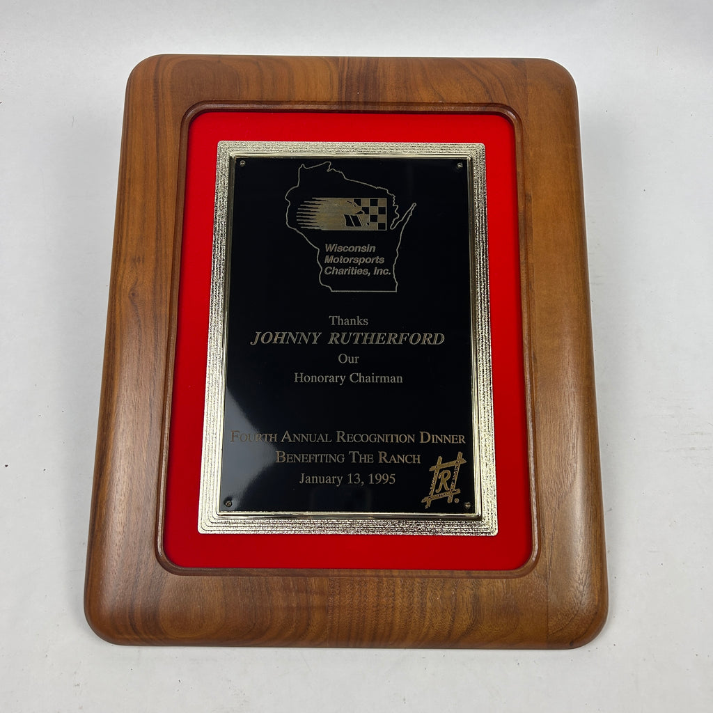 Johnny Rutherford's Honorary Chairman Benefiting The Ranch Plaque. Presented by the Wisconsin Motorsports Charity in 1995.