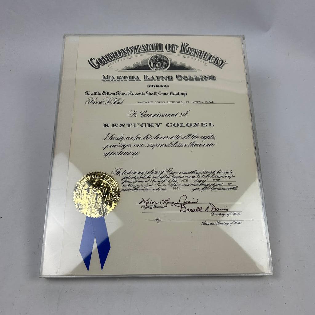 Johnny Rutherford's Kentucky Colonel Award. Presented in 1987.
