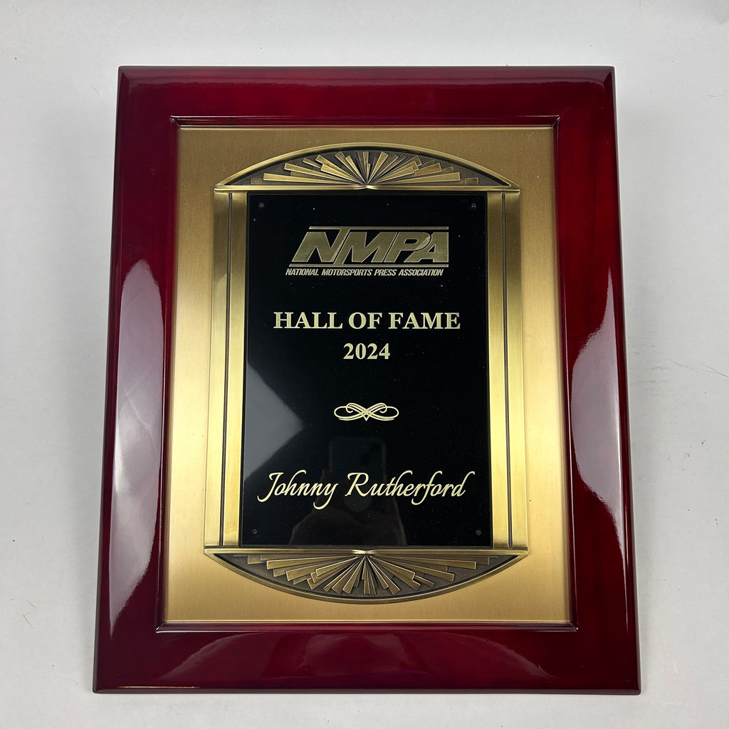 Johnny Rutherford's National Motorsports Press Association Hall of Fame Induction Plaque. Presented in 2024.