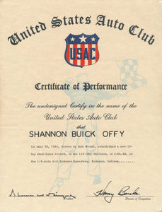 1965 United States Auto Club USAC Certificate of Performance Shannon Brothers Offy & Bob Wente at Kokomo Speedway