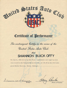 1966 United States Auto Club USAC Certificate of Performance Shannon Brothers Offy & Bob Wente at Berlin Raceway