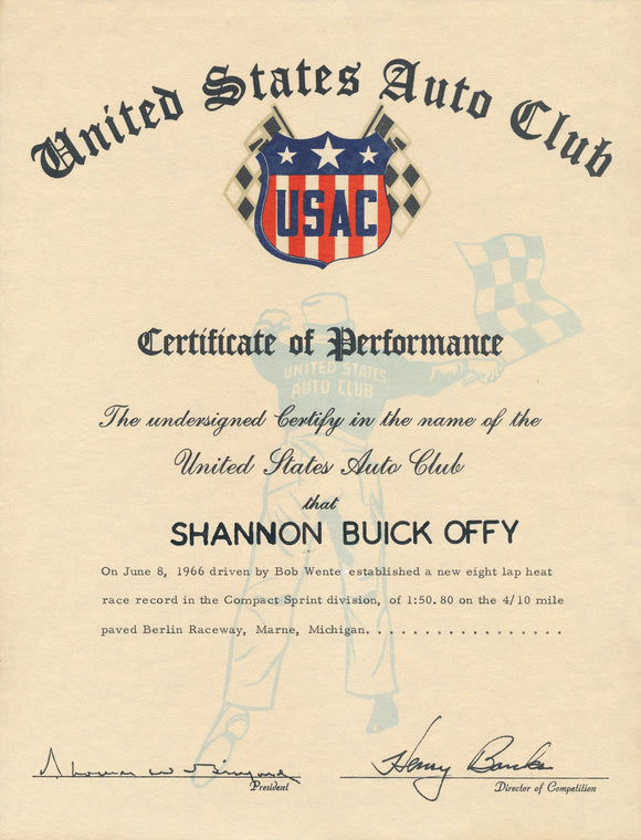 1966 United States Auto Club USAC Certificate of Performance Shannon Brothers Offy & Bob Wente at Berlin Raceway