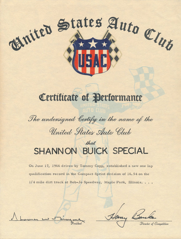 1966 United States Auto Club USAC Certificate of Performance Shannon Brothers Offy & Tommy Copp at Bob-Jo Speedway