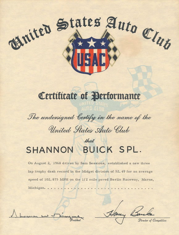 1968 United States Auto Club USAC Certificate of Performance Shannon Brothers Offy & Sam Sessions at Berlin Raceway