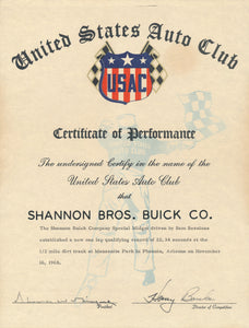 1968 United States Auto Club USAC Certificate of Performance Shannon Brothers Offy & Sam Sessions at Manzanita Park