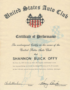 1969 United States Auto Club USAC Certificate of Performance Shannon Brothers Offy & Dave Strickland at Jackson Motor Speedway