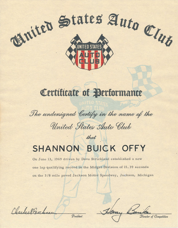 1969 United States Auto Club USAC Certificate of Performance Shannon Brothers Offy & Dave Strickland at Jackson Motor Speedway