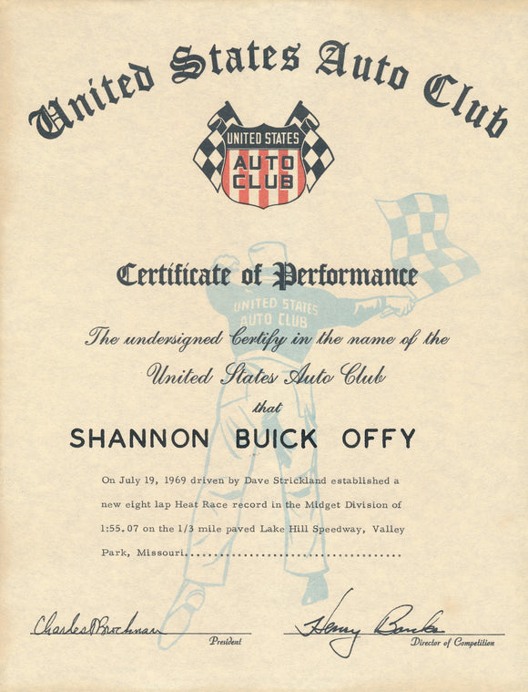 1969 United States Auto Club USAC Certificate of Performance Shannon Brothers Offy & Dave Strickland at Lake Hill Speedway