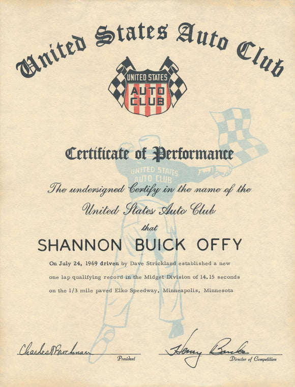 1969 United States Auto Club USAC Certificate of Performance Shannon Brothers Offy & Dave Strickland at Elko Speedway