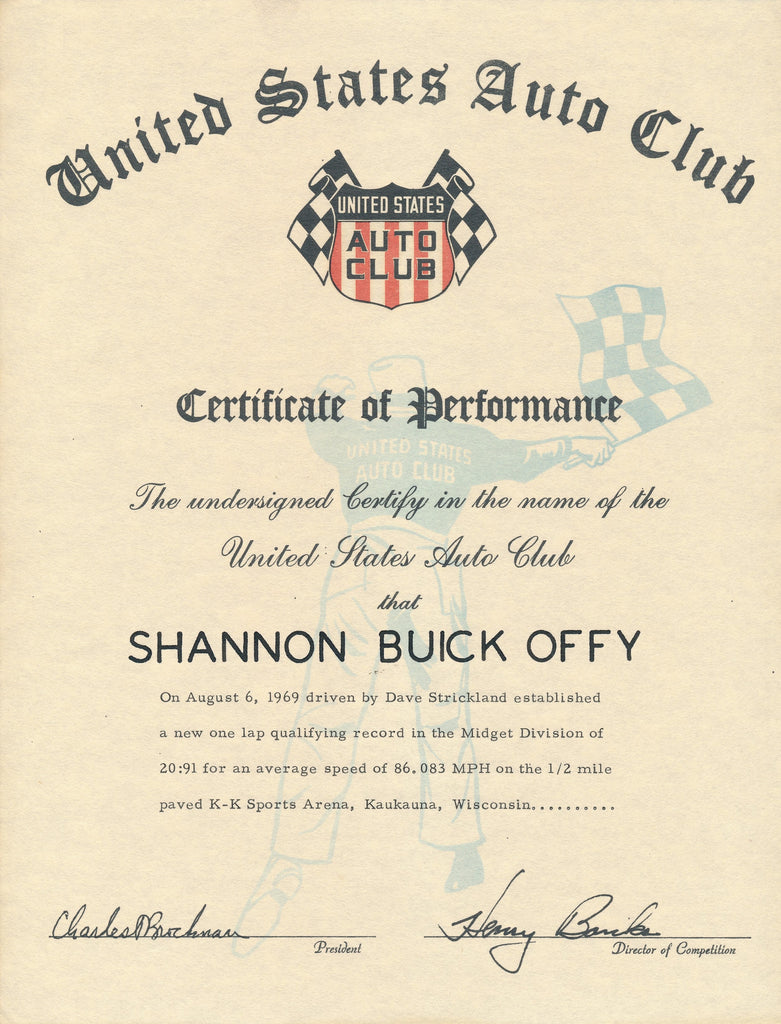 1969 United States Auto Club USAC Certificate of Performance Shannon Brothers Offy & Dave Strickland at K-K Sports Arena