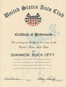 1969 United States Auto Club USAC Certificate of Performance Shannon Brothers Offy & Dave Strickland at K-K Sports Arena