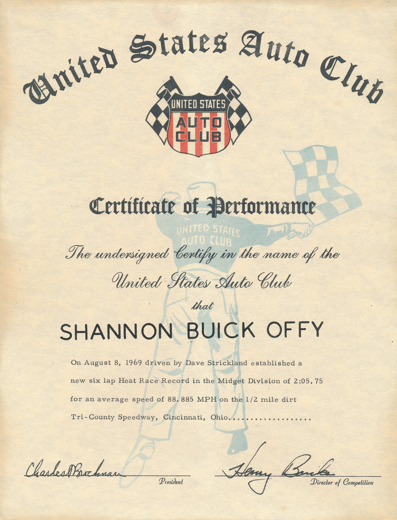 1969 United States Auto Club USAC Certificate of Performance Shannon Brothers Offy & Dave Strickland at Tri-County Speedway