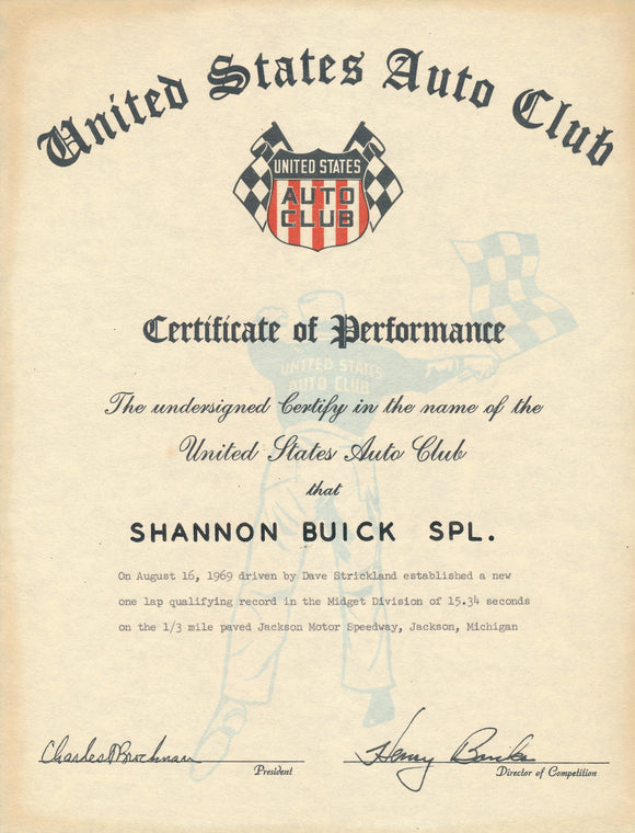 1969 United States Auto Club USAC Certificate of Performance Shannon Brothers Offy & Dave Strickland at Jackson Motor Speedway