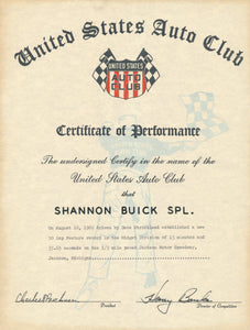 1969 United States Auto Club USAC Certificate of Performance Shannon Brothers Offy & Dave Strickland at Jackson Motor Speedway