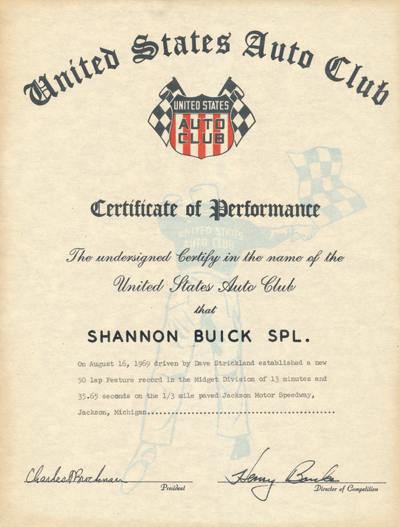 1969 United States Auto Club USAC Certificate of Performance Shannon Brothers Offy & Dave Strickland at Jackson Motor Speedway