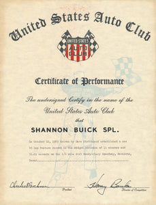 1969 United States Auto Club USAC Certificate of Performance Shannon Brothers Offy & Dave Strickland at Moody-Clary Speedway