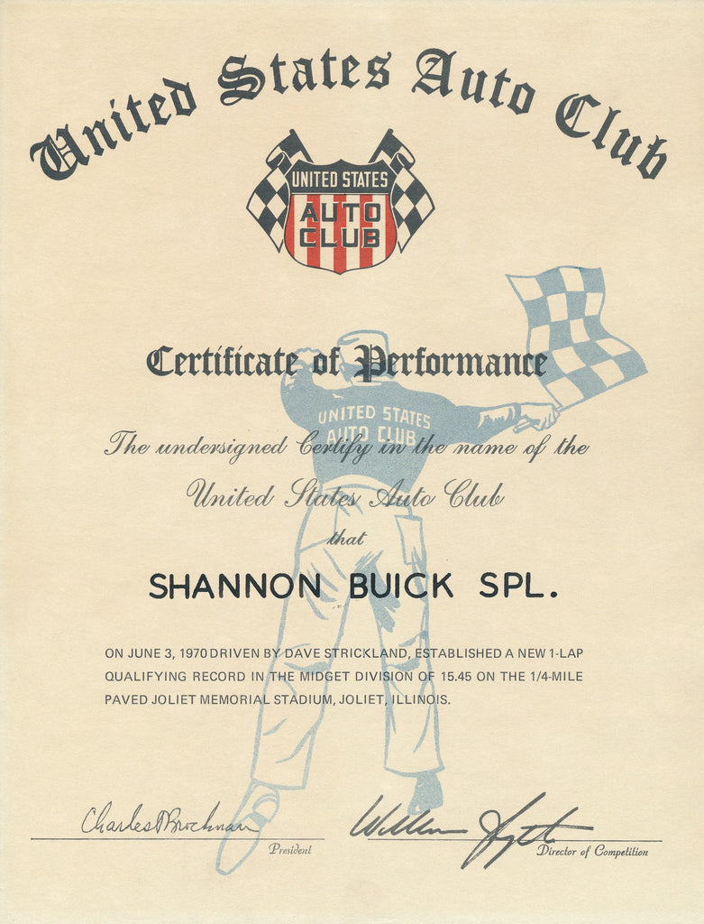 1970 United States Auto Club USAC Certificate of Performance Shannon Brothers Offy & Dave Strickland at Joliet Memorial Speedway