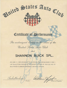 1970 United States Auto Club USAC Certificate of Performance Shannon Brothers Offy & Dave Strickland at Flamboro Speedway