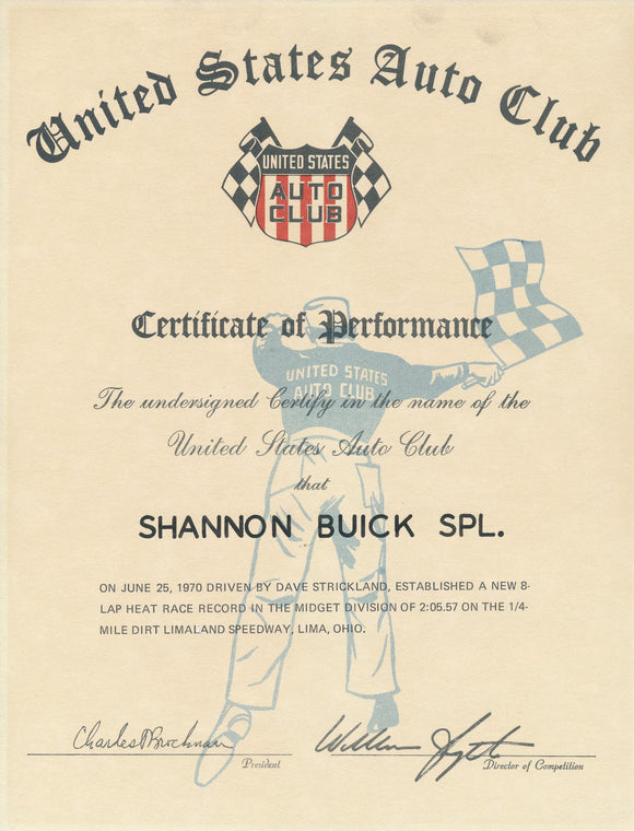 1970 United States Auto Club USAC Certificate of Performance Shannon Brothers Offy & Dave Strickland at Limaland Speedway