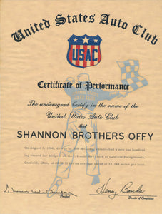 1960 United States Auto Club USAC Certificate of Performance Shannon Brothers Offy & Bob McLean at Canfield Fairgrounds